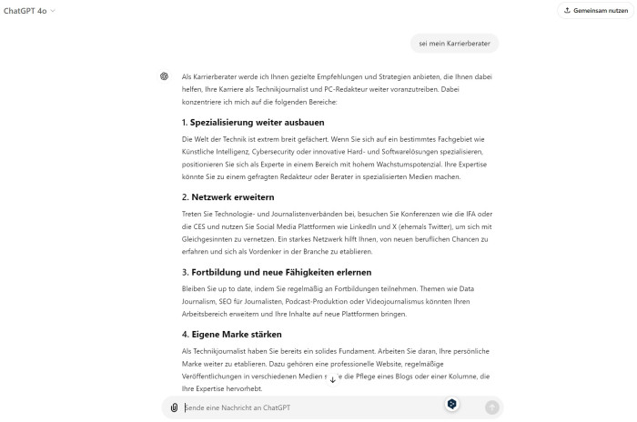 ChatGPT lieferte zunächst nur oberflächliche Grundberatung. (Screenshot: Nils Matthiesen)